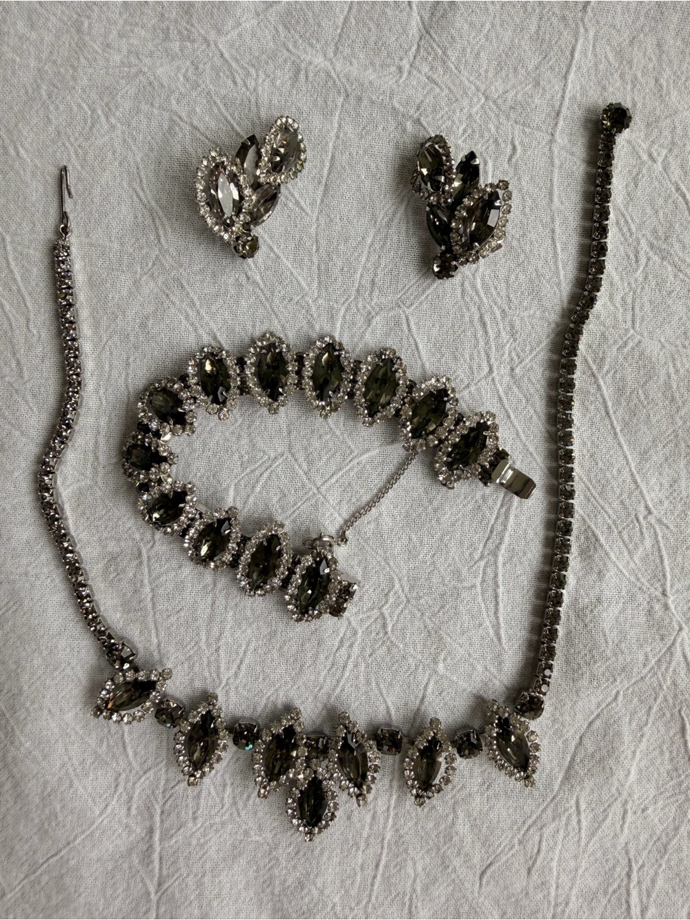 Albert Weiss Smoke and Silver Crystal Necklace, Bracelet & Clip-On Earrings